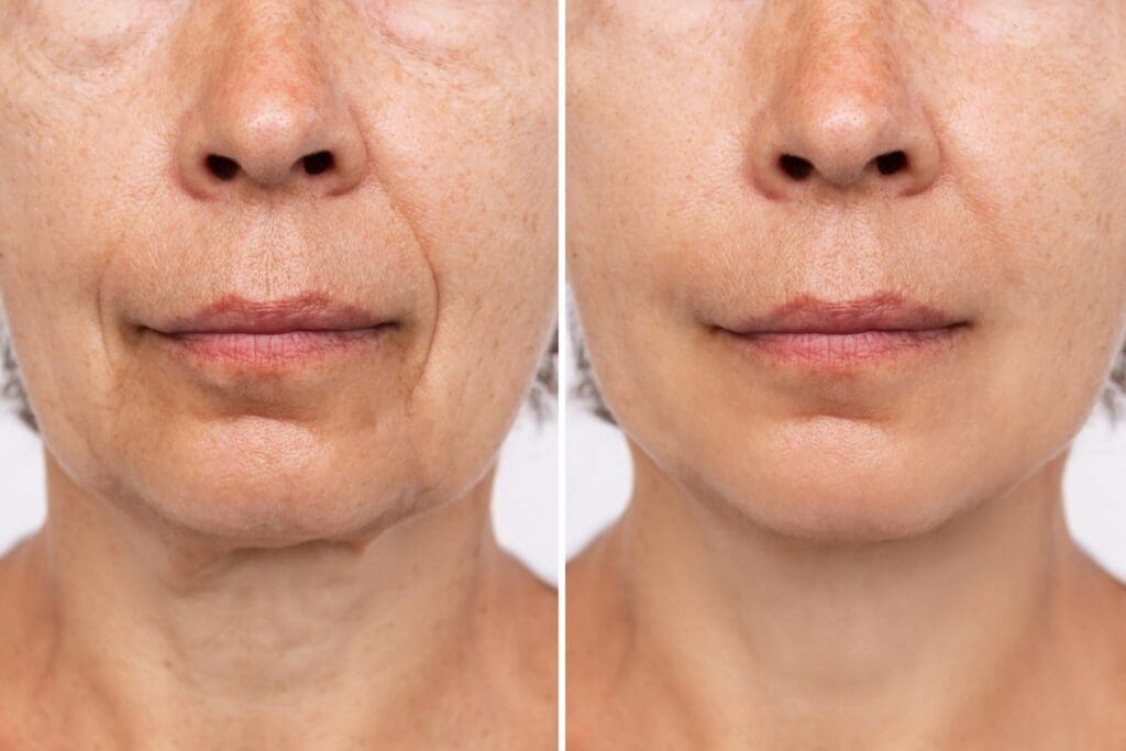 side-by-side close-ups of an older woman’s lower face showing visible differences in skin lines and texture