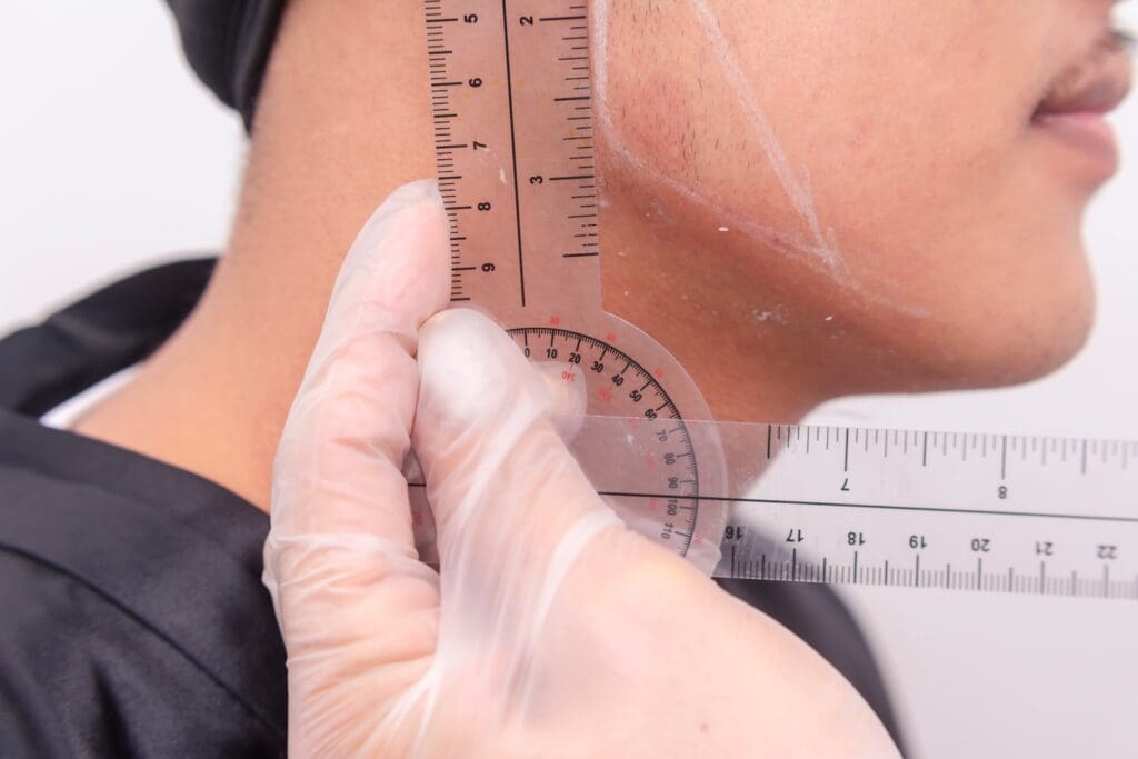 gloved hands holding transparent rulers against a man’s jawline with white markings on his skin