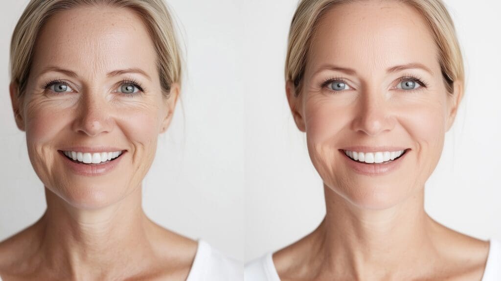 side-by-side portraits of the same smiling woman showing facial lines on the left and smoother-looking skin on the right
