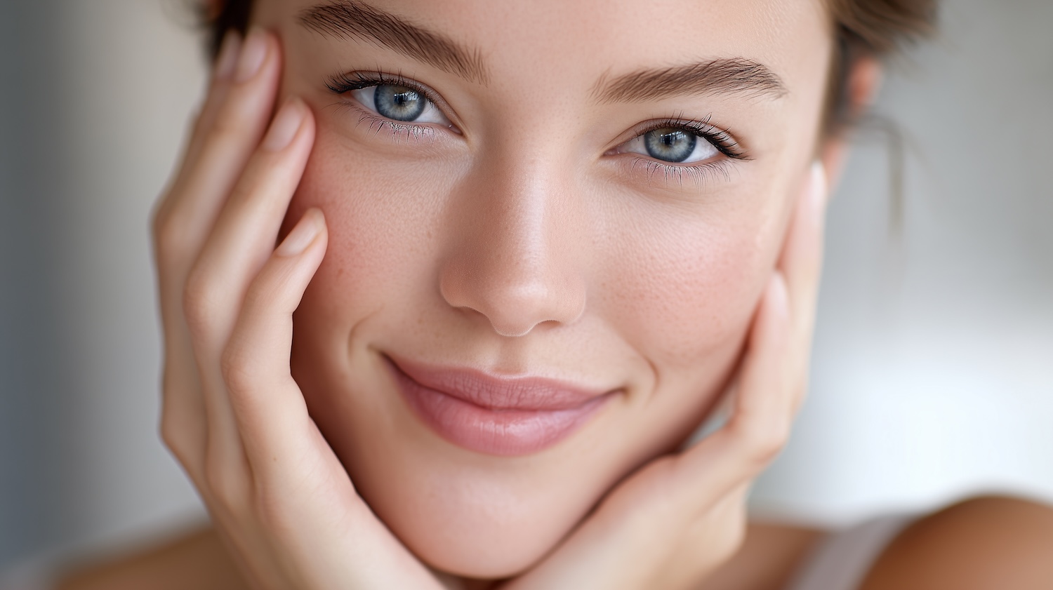 Close-up of a person’s face with both hands resting on the cheeks, showing smooth skin, light freckles, and neutral makeup.