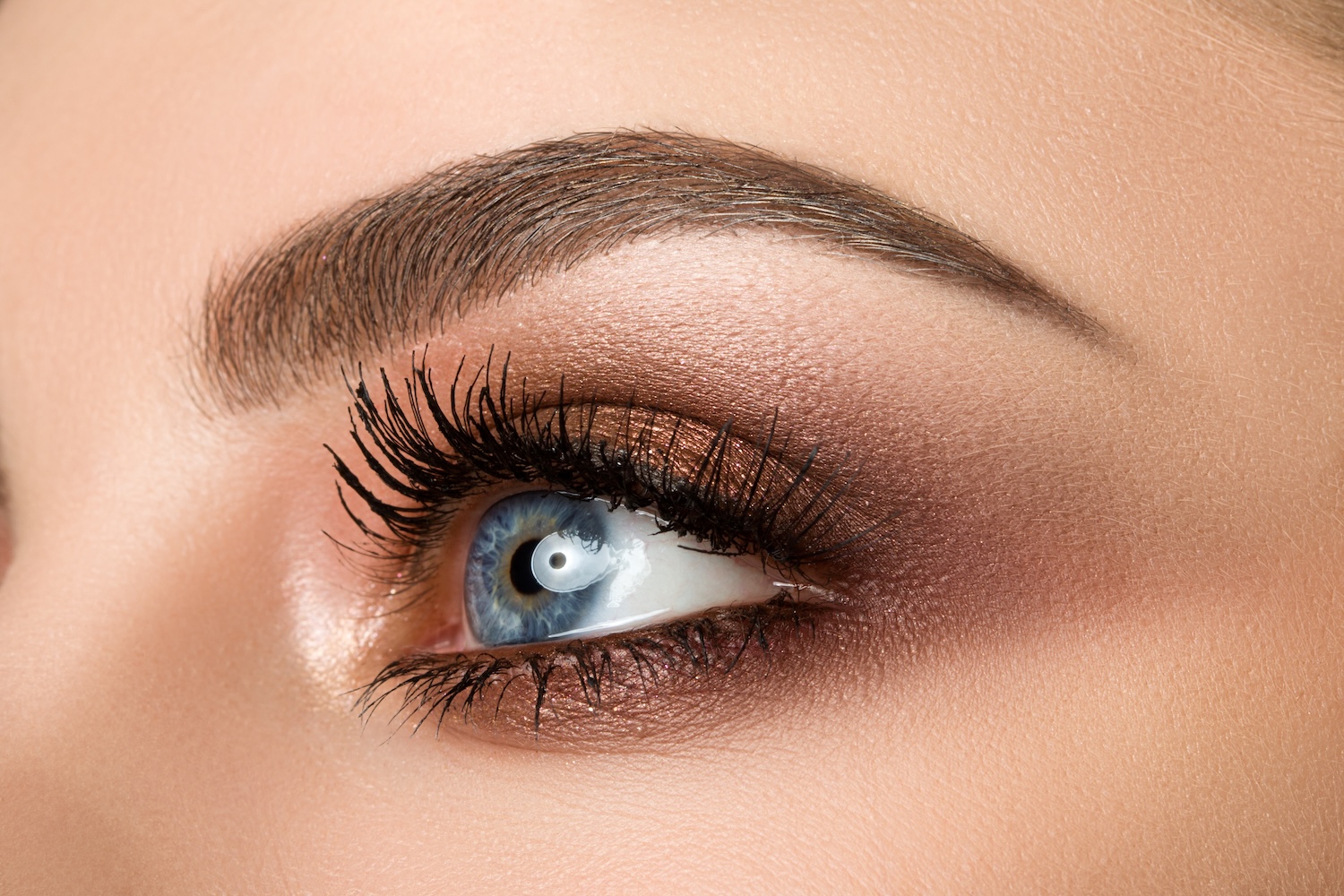 Close-up of a blue eye with brown eyeshadow, defined eyebrow, and mascara-coated eyelashes.