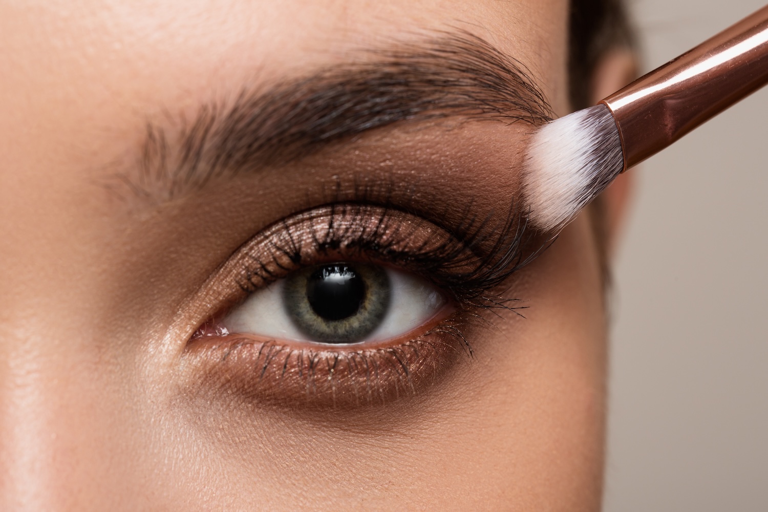 Close-up of a single eye as a makeup brush applies brown eyeshadow to the eyelid, with defined lashes and eyebrow.