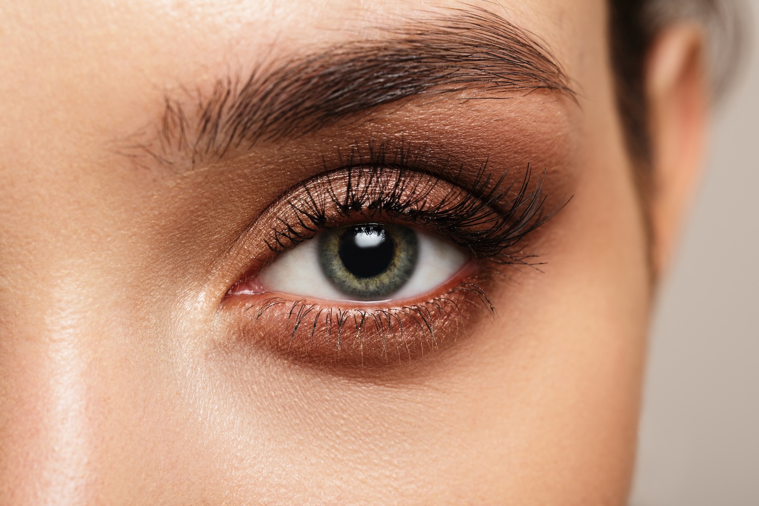 Close-up of a single eye with brown eyeshadow, defined eyelashes, and a natural eyebrow.