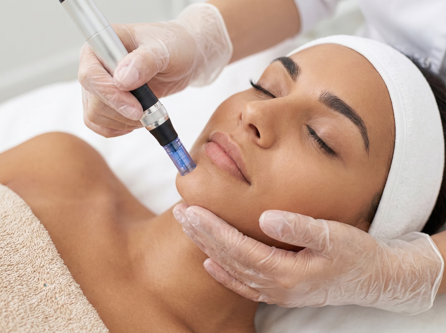 A practitioner wearing gloves holds a pen-style microneedling device against a woman’s chin as she lies on a treatment bed.