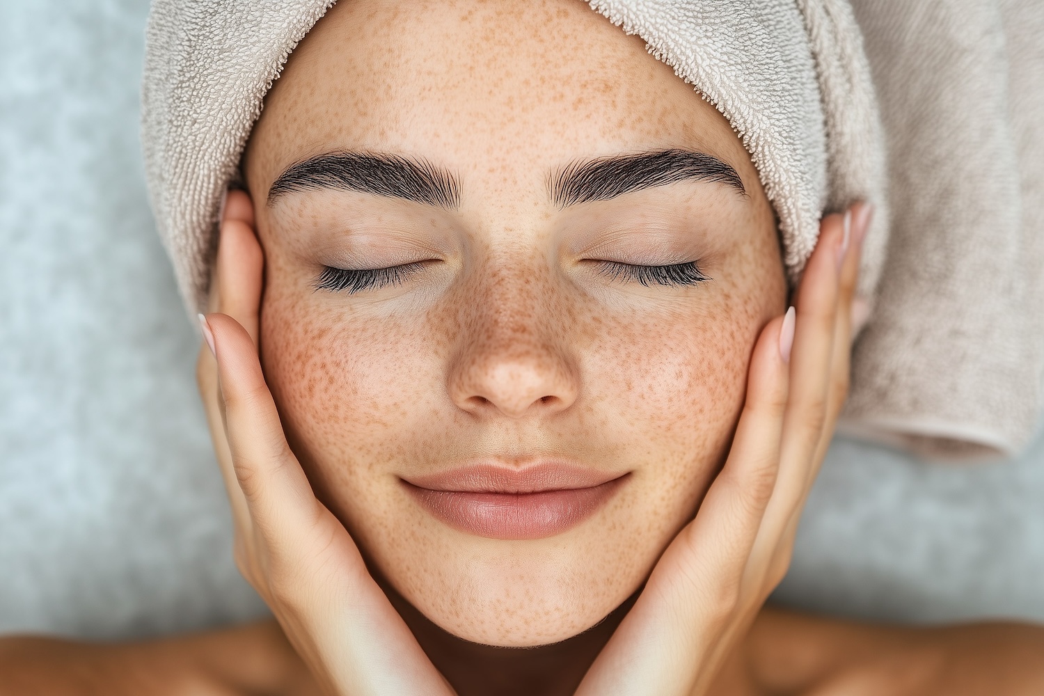 Person lying down with eyes closed, hands resting on cheeks, towel wrapped around head, freckles visible.