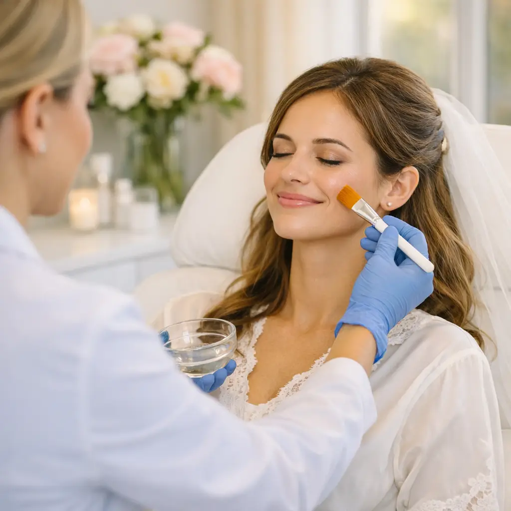 Practitioner wearing gloves applying a liquid solution to a woman’s cheek with a brush while she sits in a treatment chair.