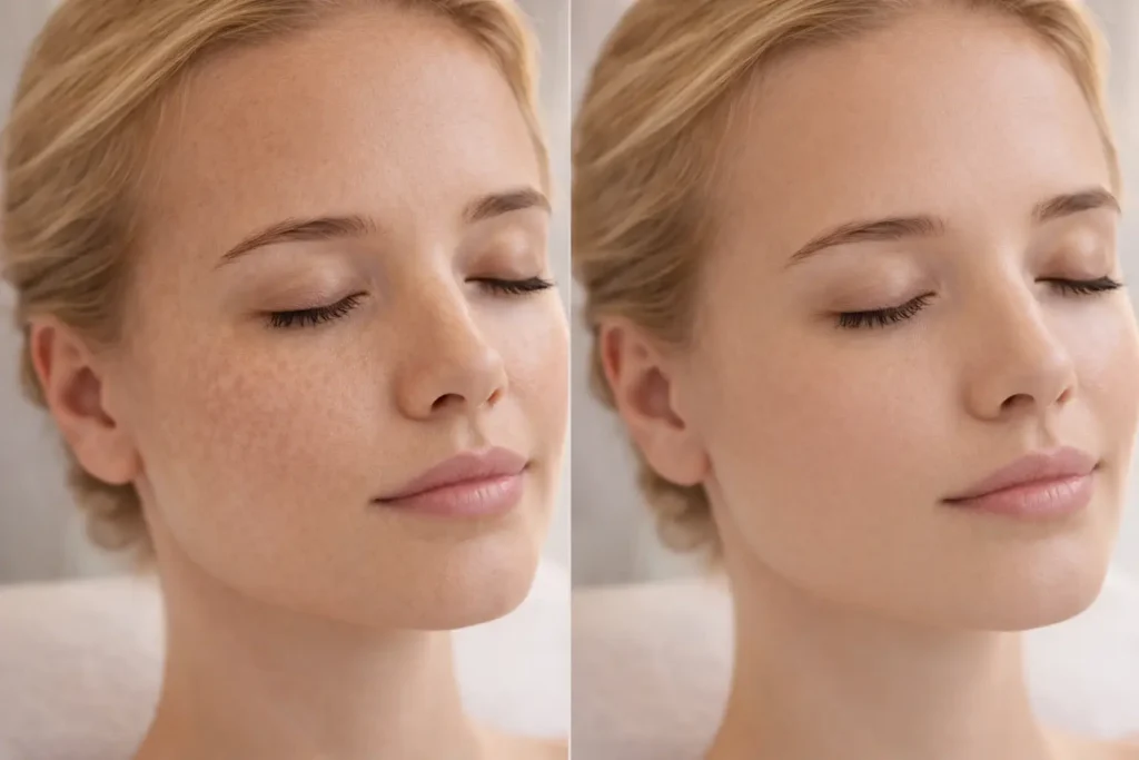 Left and right images showing a woman’s cheek and eye area with visible freckles on the left and more even tone on the right.