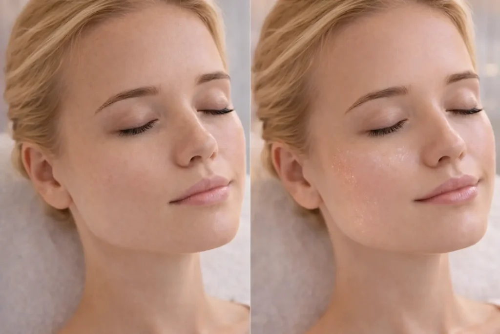 Side-by-side images showing a woman’s face with visible freckles on the left and smoother, more even tone on the right.