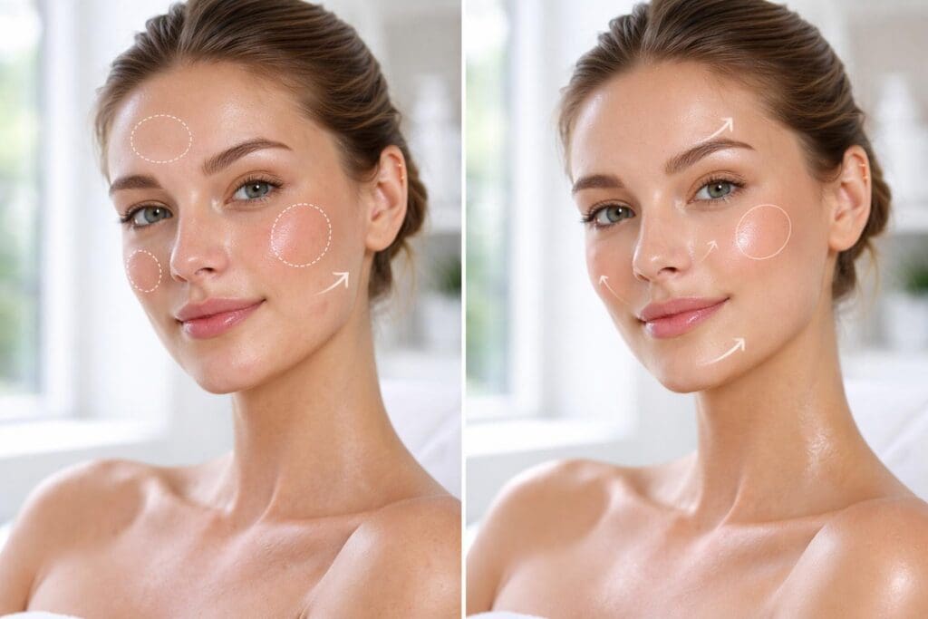Side-by-side images of woman's face with circles and arrows indicating skin texture and brightness differences