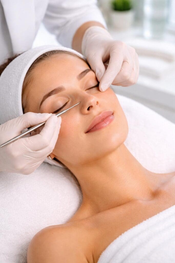 Practitioner performing facial extraction near woman's nose while she lies with eyes closed and headband on