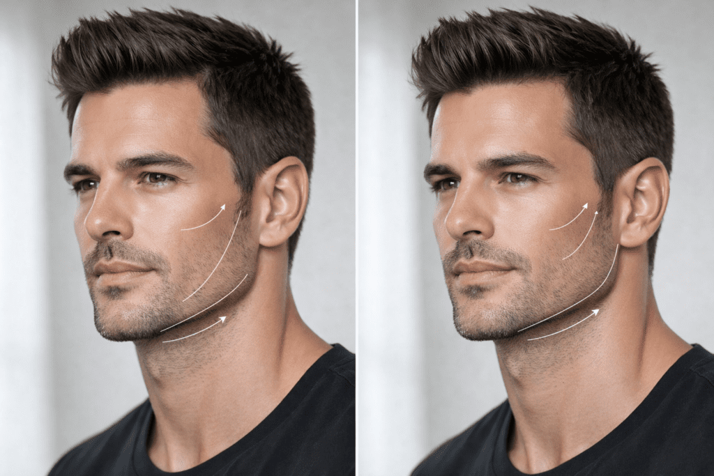 Side-by-side images of male face with arrows indicating jawline and cheek contour differences