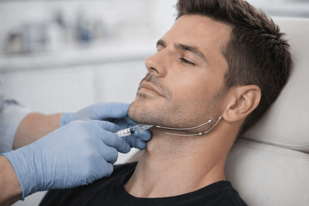 Practitioner injecting dermal filler into man's jawline while he reclines on treatment chair